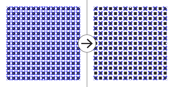 A grid of selected squares becomes a grid where a every other square is selected from left to right, forming a checkerboard pattern of selection.