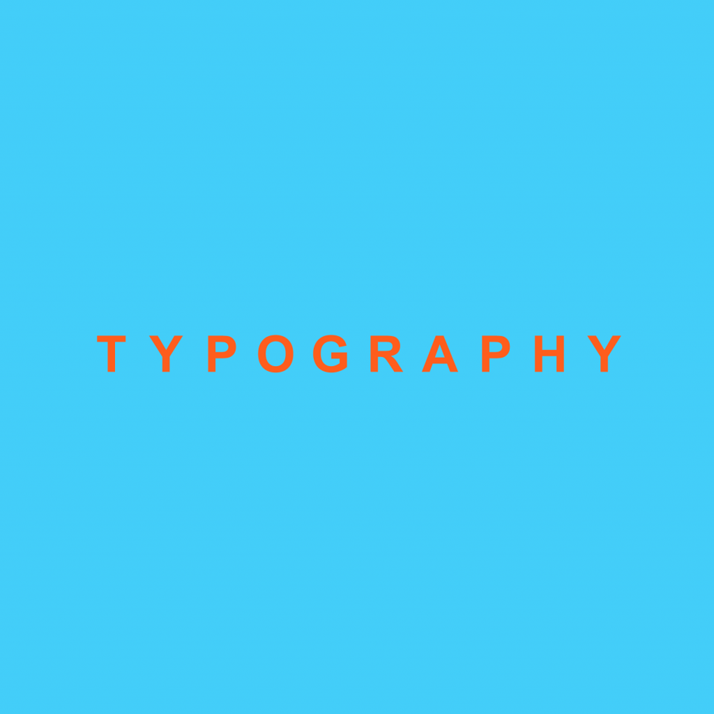 A single line of orange text on a light blue square canvas reads 'typography' in capital letters.